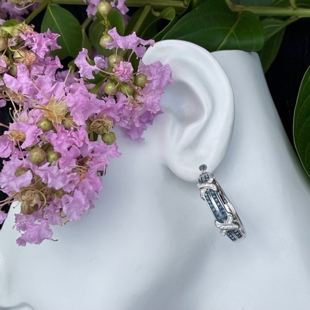 NWT Savvy Cie Rhodium Plated Pave Blue Crystal & SilverTone Hoop Earrings